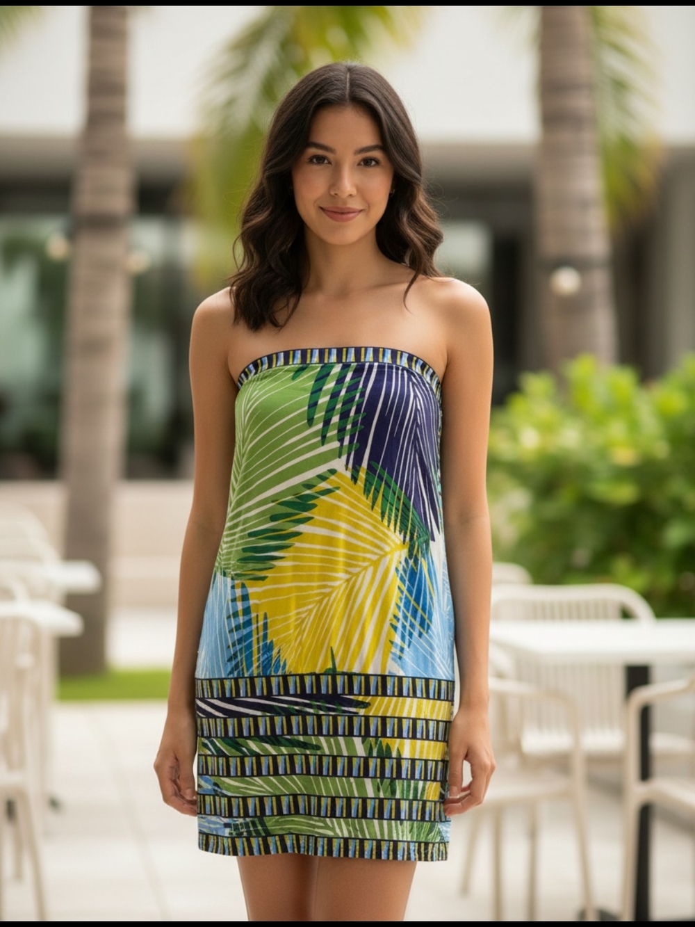 BCBGMaxAzria Strapless Tropical Leaf Cover-Up Dress in Green, Blue & Yellow